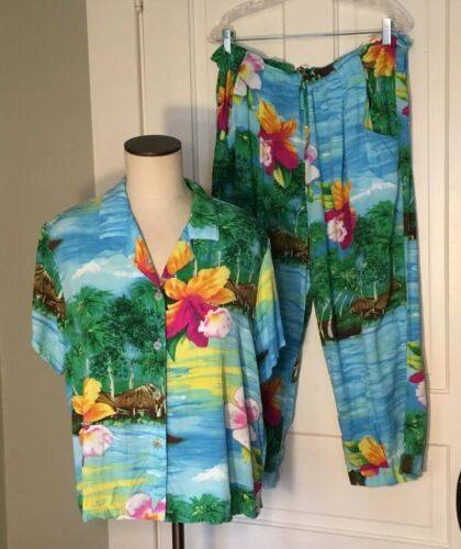 JAMS WORLD “Orchid Island” Hawaiian Pant Set Blouse Top Capris 2 Piece Outfit XL