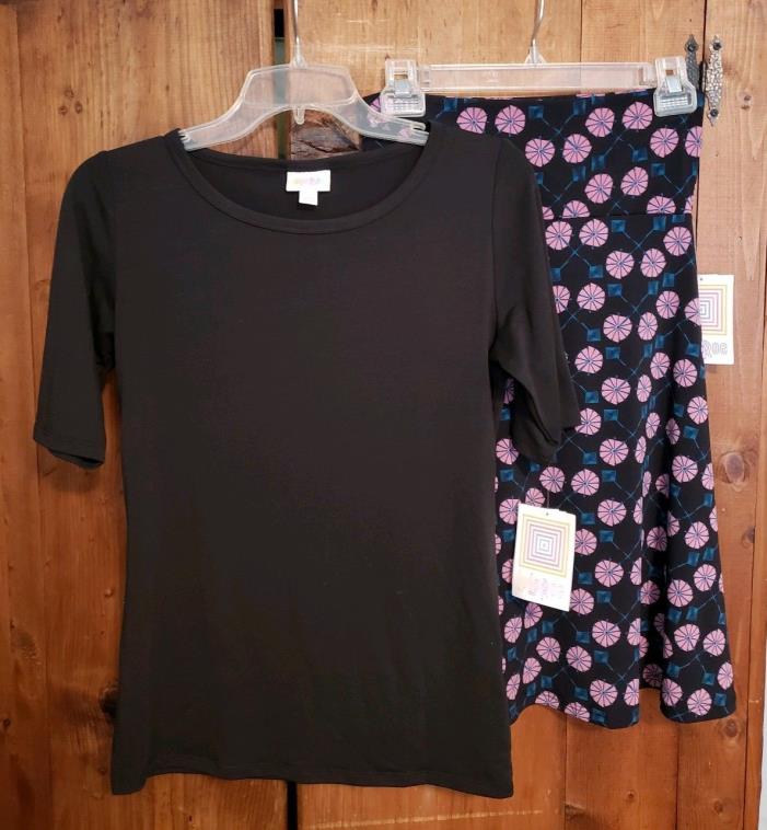 NWT Lularoe Size Small GIGI Black Top AZURE XS Black Pink Floral Skirt