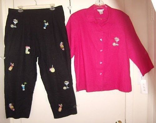 Womens 2 Pc Set Top Shirt Capri Pants Black Hot Pink Sz XL Work Summer Fun