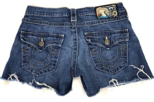 True Religion Womens Billy Jean Shorts 24 Blue Denim Frayed Hem Button Pockets