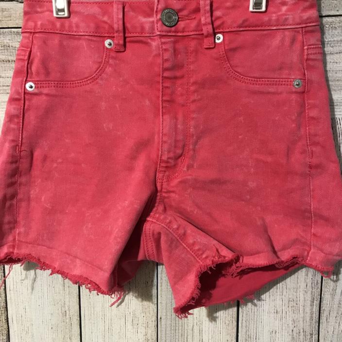 American Eagle Outfitters Womens Shorts, Red Denim, Size 2 Stretch, Frayed Hem