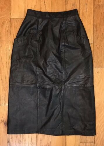 Jacqueline Ferrar Size 6 Retro Black Leather Pencil Skirt Long Lined EXCELLENT