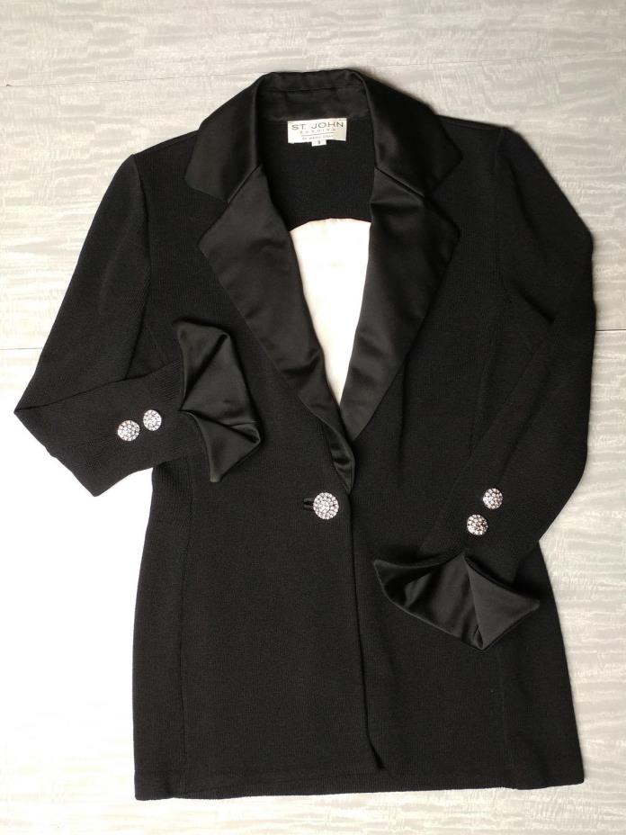 St. John Evening Wear Marie Gray black wool silk jacket blazer sz 8 rhinestones