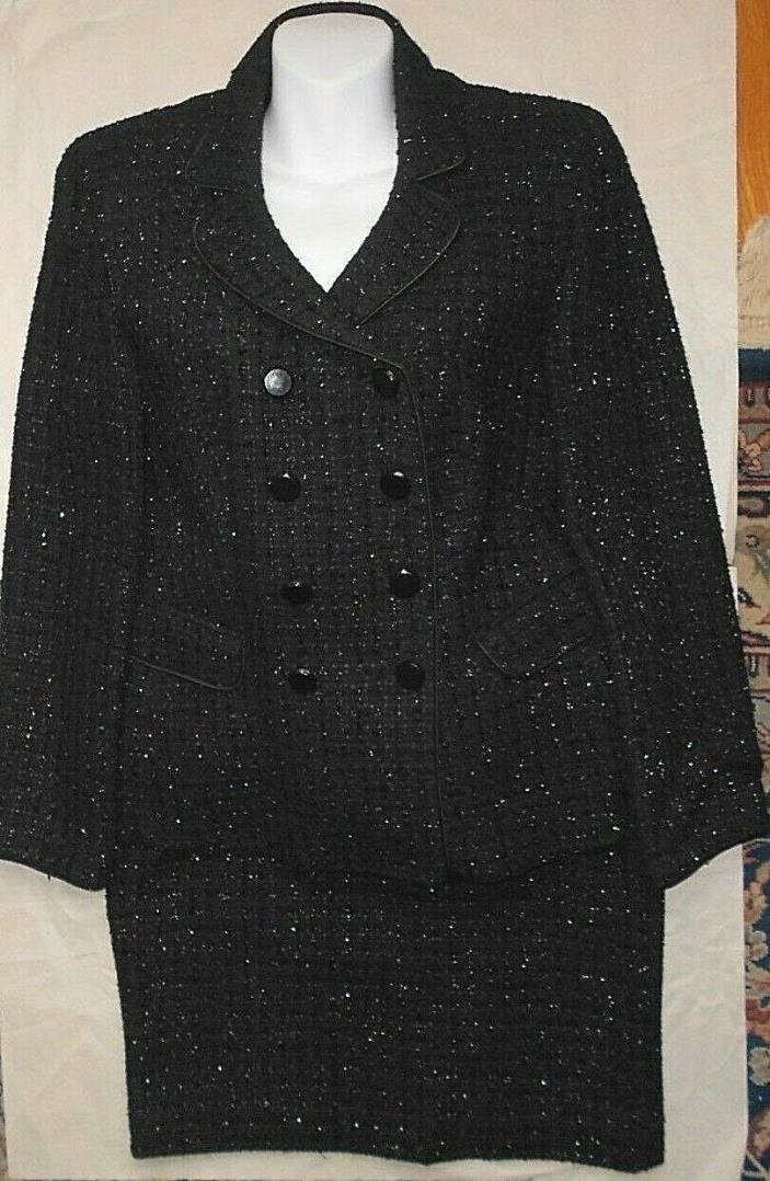 ANN TAYLOR Sparkle Black Wool Blend 2-pc SKIRT SUIT Lined Size 8P / 10P EUC