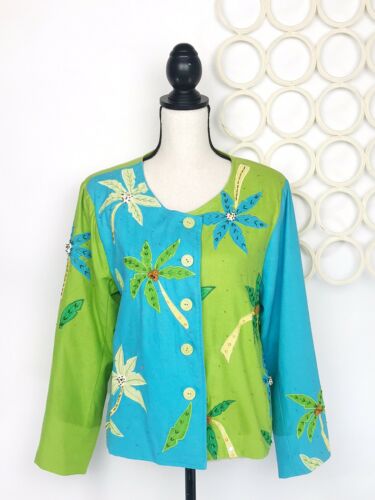 BALA BALA Womens 100% Silk Blazer Jacket Embroidered Palm Tree Tropical Sz M?