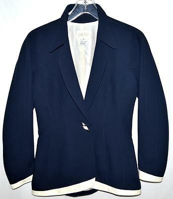 Cache Navy Blue w/ White Gray Faux Reptile Trim Fitted Womens Blazer Jacket Sz 4