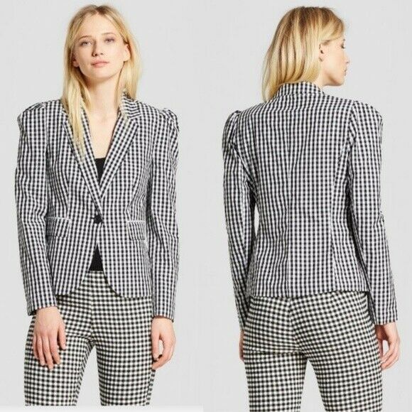 WHO WHAT WEAR Gingham Silky Blazer NWT Size Large White Black Puffy Shoulder