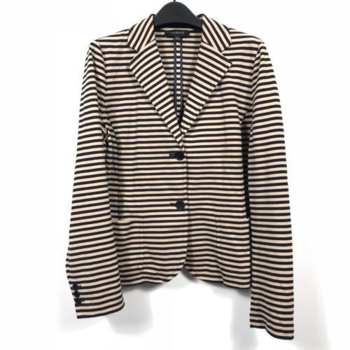 Talbots Women's Blazer Striped Career Navy Cream Size Large Workwear Two Buttons