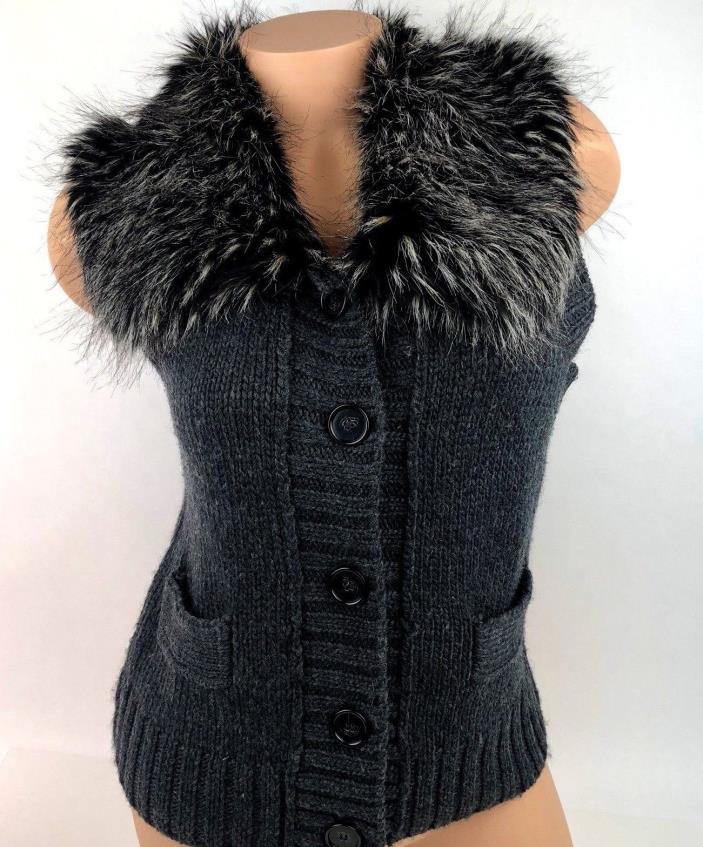 Ann Taylor LOFT Womens Faux Fur Neck Sweater Vest S Small Gray Wool Blend A33