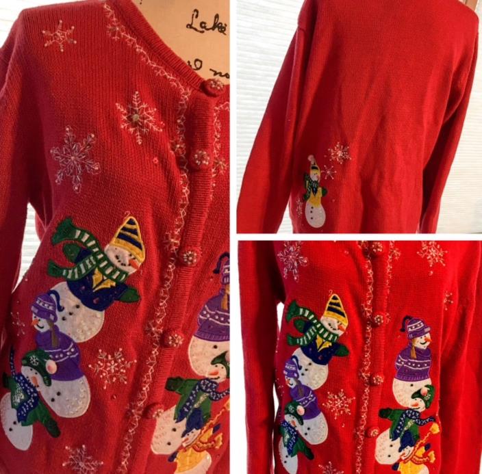 Women’s Basic Editions Holiday Christmas Ugly Cardigan Sweater Large Snowman Red