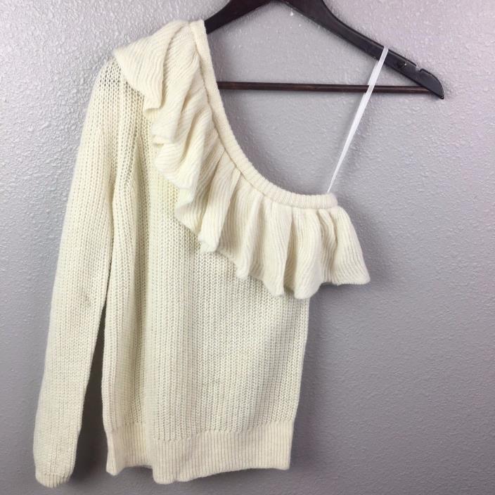 Rebecca Taylor Women Medium Ivory One Shoulder Ruffle Sweater Alpaca White Wool