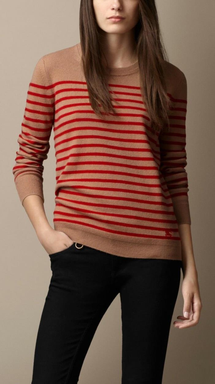 NWOT $625 CAD Burberry Brit Women's 100% Cashmere Sweater Beige/Red Striped XS