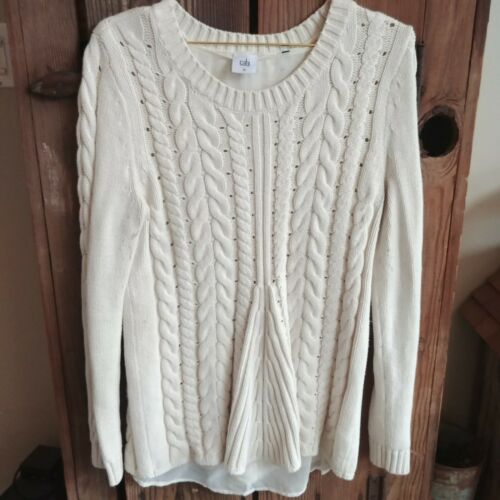 Cabi 3157 Lace Up Pullover Sweater Ivory Cotton Cable Knit Chiffon Size M #-T