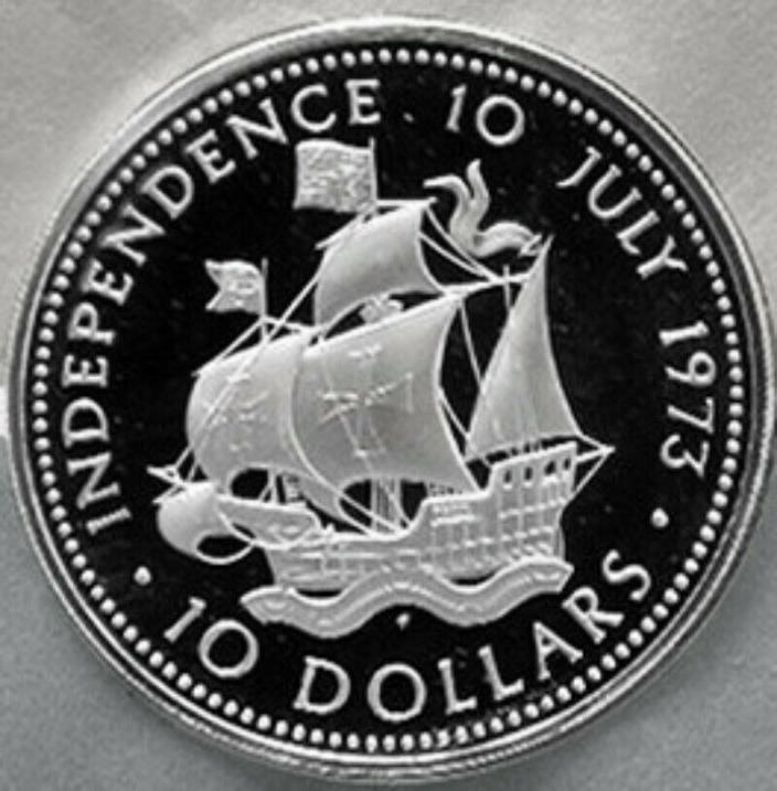 1973 SILVER BAHAMAS 1.48 OZS PROOF $10 ENGLISH GALLEON INDEPENDENCE DAY COIN