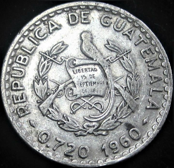 1960 Guatemala 25 Centavos, KM#263 - Silver Coin
