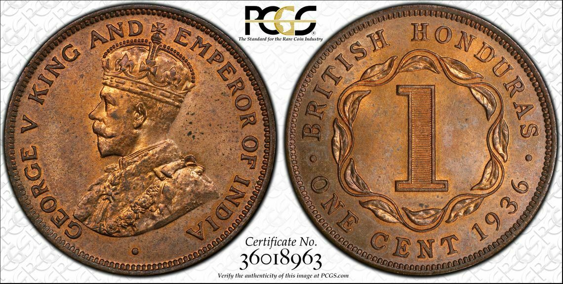 British Honduras, 1936 George V Cent. PCGS MS 64 R&B. 40,000 Mintage.