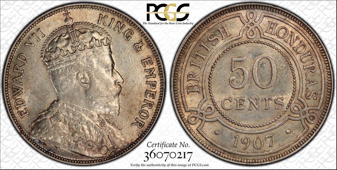 British Honduras, 1907 Edward VII Fifty Cents, 50 Cents. 19,000 Mintage. PCGS