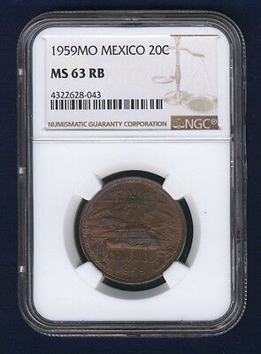 MEXICO ESTADOS UNIDOS 1959 20 CENTAVOS COIN CERTIFIED UNCIRCULATED NGC MS63-RB