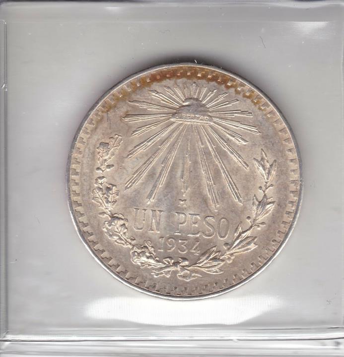 Raw 1934 Mo Mexico  Un (1) Peso Mexican Mint Silver Coin Choice Original