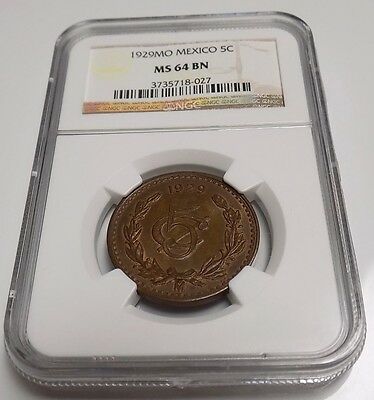 MEXICO FIVE CENTAVOS 1929MO 5C MO NGC MS64 BN MS 64 NGC Mexican Certified Coin