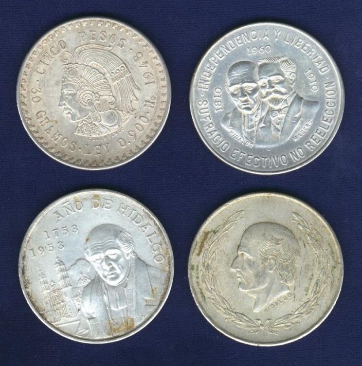 MEXICO ESTATES UNIDOS  1948-1960  SILVER COINS, 5 & 10 PESOS COINS!  LOT OF (4)