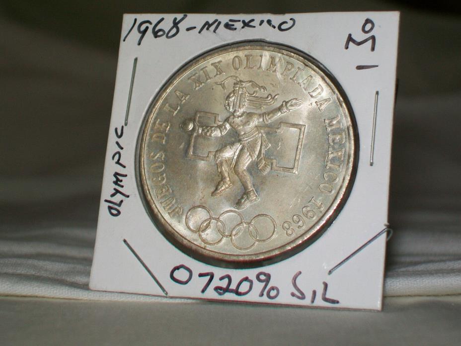 1968 MEXICO Silver (22.5g.,.720 Silver) 25 Pesos  -Olympics Rings UNC.