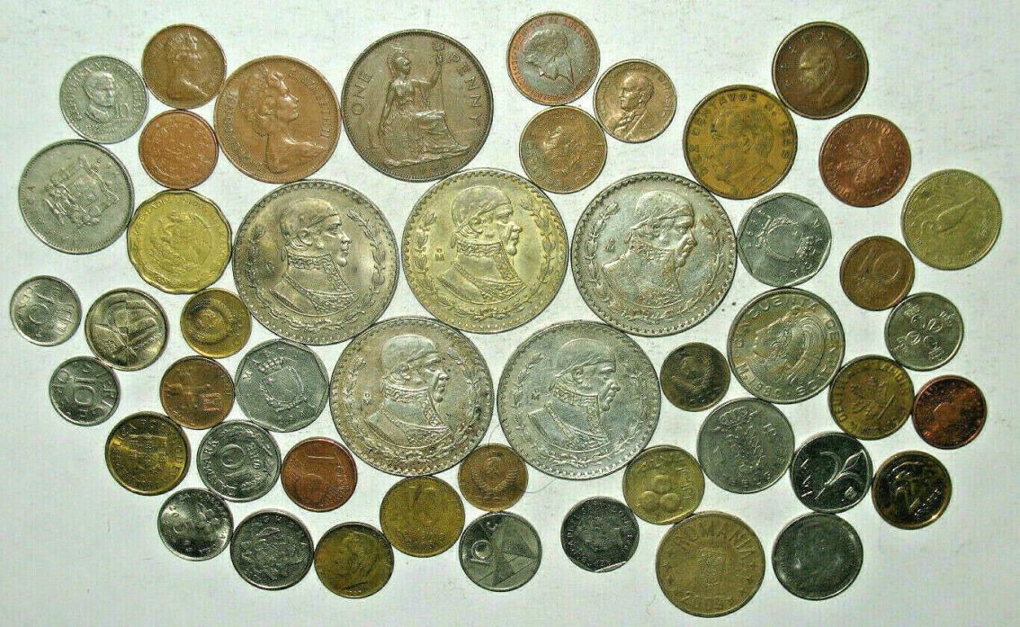 FOREIGN COIN LOT WITH 5 LARGE SILVER MEXICAN UN PESOS!  (t26)