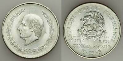 Mexico Crown Size Silver Coin 1953 Five or Cinco Pesos Miguel Hidalgo's Bust AU+