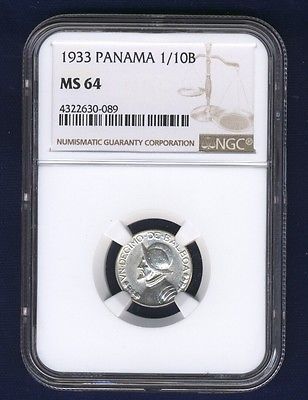 PANAMA  1933  1/10 BALBOA SILVER COIN, CHOICE UNCIRCULATED, CERTIFIED NGC MS-64
