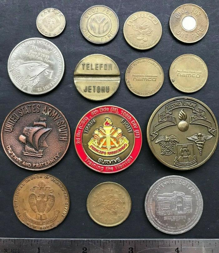 US, World, Puerto Rico ca1970-2000 lot of 14 tokens, medals, and Challenge Coins