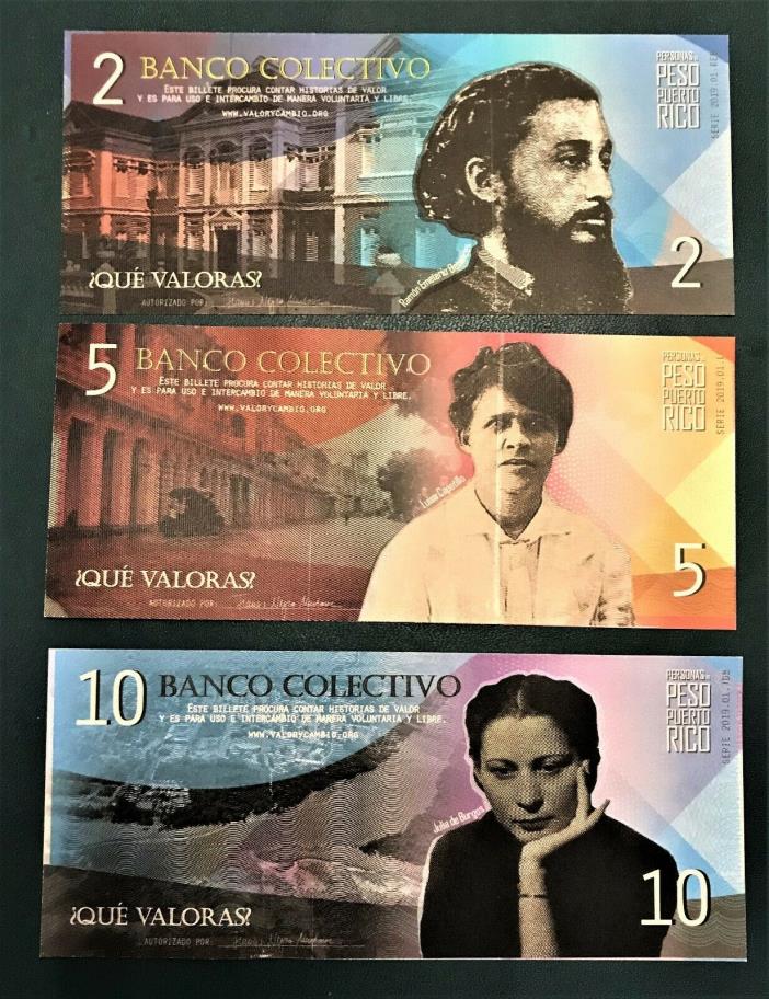 Puerto Rico 2019 Banco Colectivo 2, 5 & 10 Pesos Betances, Capetillo, De Burgos