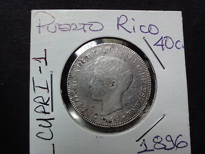 Puerto Rico 40 Centavos 1896 Silver Coin -  LCUPRI 1 Free Shipping