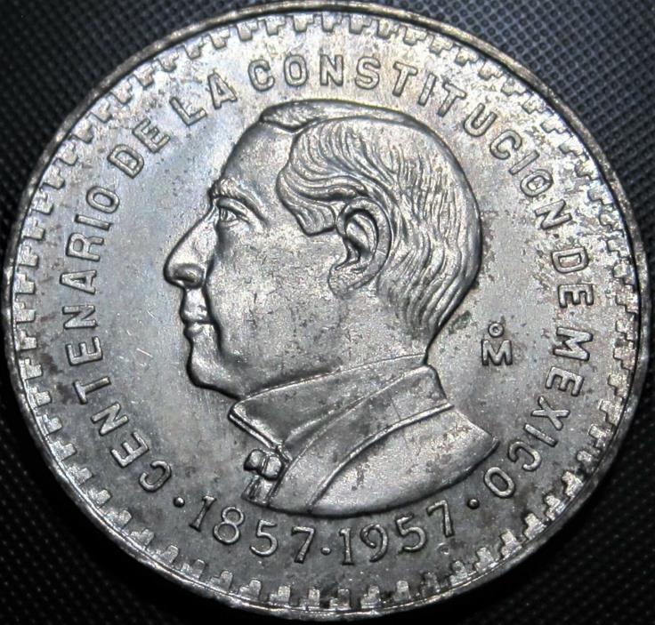 Mexico Peso, 1957, 100th Anniversary of Constitution - Silver Coin AU KM#458
