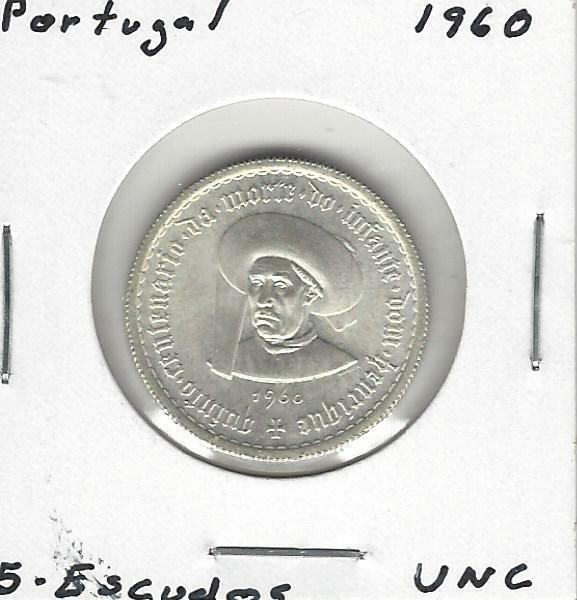 Portugal 5 Escudos, 1960, 500th Anniversary - Death of Prince Henry, BU, Silver