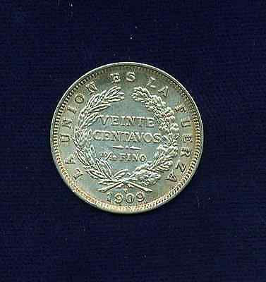 BOLIVIA  1909-H  20 CENTAVOS  ALMOST UNCIRCULATED++,  NICE COIN!