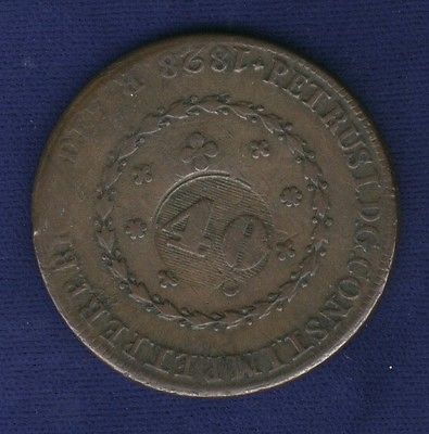 BRAZIL  PEDRO I   ND (1835)  40 REIS COPPER COIN, HOST: (1828-R 80 REIS), VF/XF