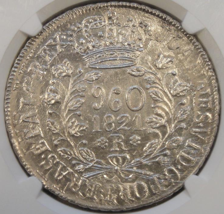Brazil 1821-R 960 Reis NGC MS65 Top Pop Overstruck on 1809 Bolivia PTS 8 Reales