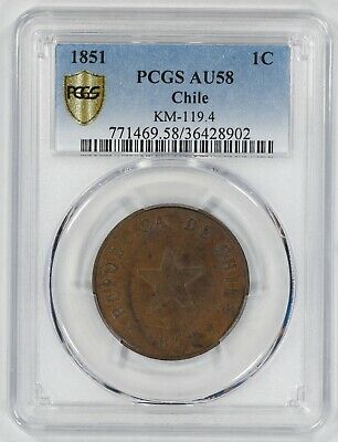 1851 CHILE CHILEAN CENT 1C PCGS CERTIFIED AU 58 ABOUT UNCIRCULATED KM 119.4 (902