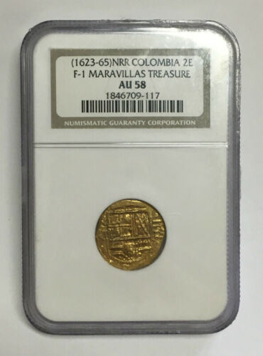 1623-65 NRR Colombia 2 Escudos F-1 Maravillas Gold Treasure Coin AU 58