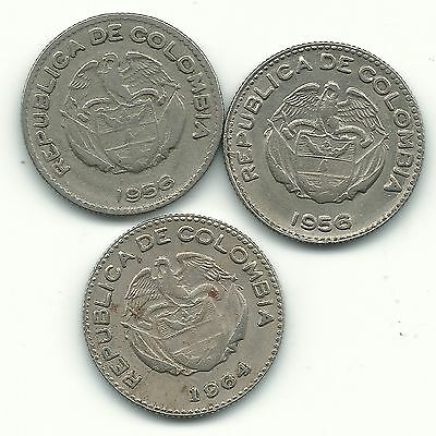 BETTER GRADE LOT OF 3 COLOMBIA 10 CENTAVOS COINS,(2)1956,1964-MAY525