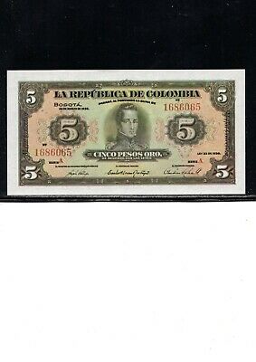 1938  COLOMBIA  CURRENCY, 5 PESOS NOTE, EARLY REPRINT