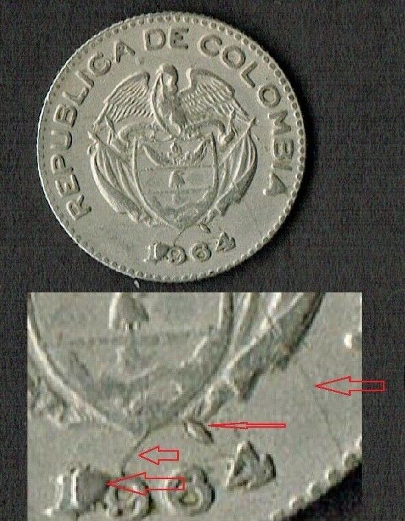 4 DIE CRACKS/ERRORS. 1964 Colombia ten cents,10centavos, coin Calarca KM212.2
