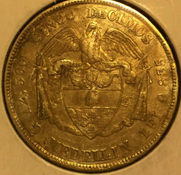 1880 Columbia Medellin mint 50 centavo silver coin, T1, high grade, l 332