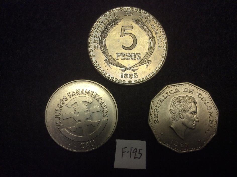 (F-195) Columnbia Lot of 3: 5 Pesos 1968B, 1971, 1 Peso 1967