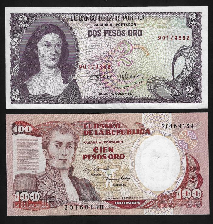 COLOMBIA(2)BANK NOTE 2 PESOS 1.1.1973 P 413, 100 PESOS 1.1.1983 P 426 A  ALL UNC