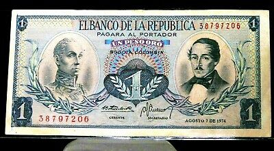 1974 1 Peso Serial # 387097206-BOGOTA COLOMBIA-BANCO DEL REPBLICA - XF-AU
