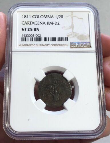 1811 COLOMBIA 1/2 REAL CARTAGENA (KM-D2)  NGC  VF-25 BRN