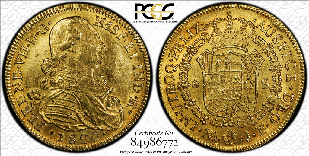 G022 rare COLOMBIA 1820-JF-P 8 Escudos gold,  Bogota mint PCGS AU Details