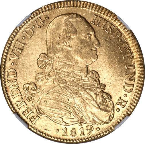 Columbia 1819-NR JR Ferdinand VII Gold 8 Escudos NGC MS-62