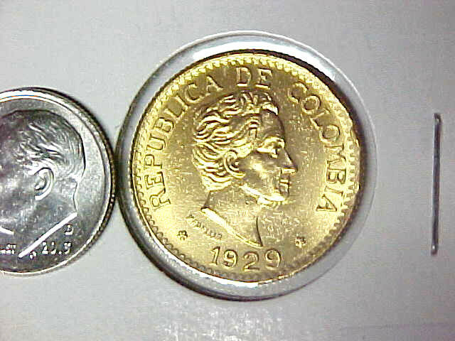 1929 Colombia Gold 5 Peso Uncirculated Cinco Pesos